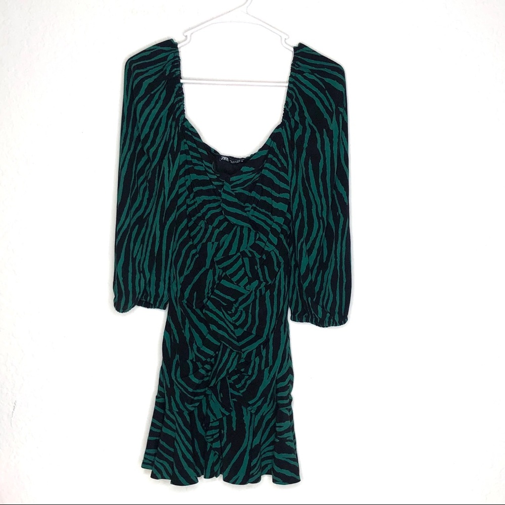 ZARA Mini Dress Ruffle Front Ruched Flare Zebra - Picture 5 of 10